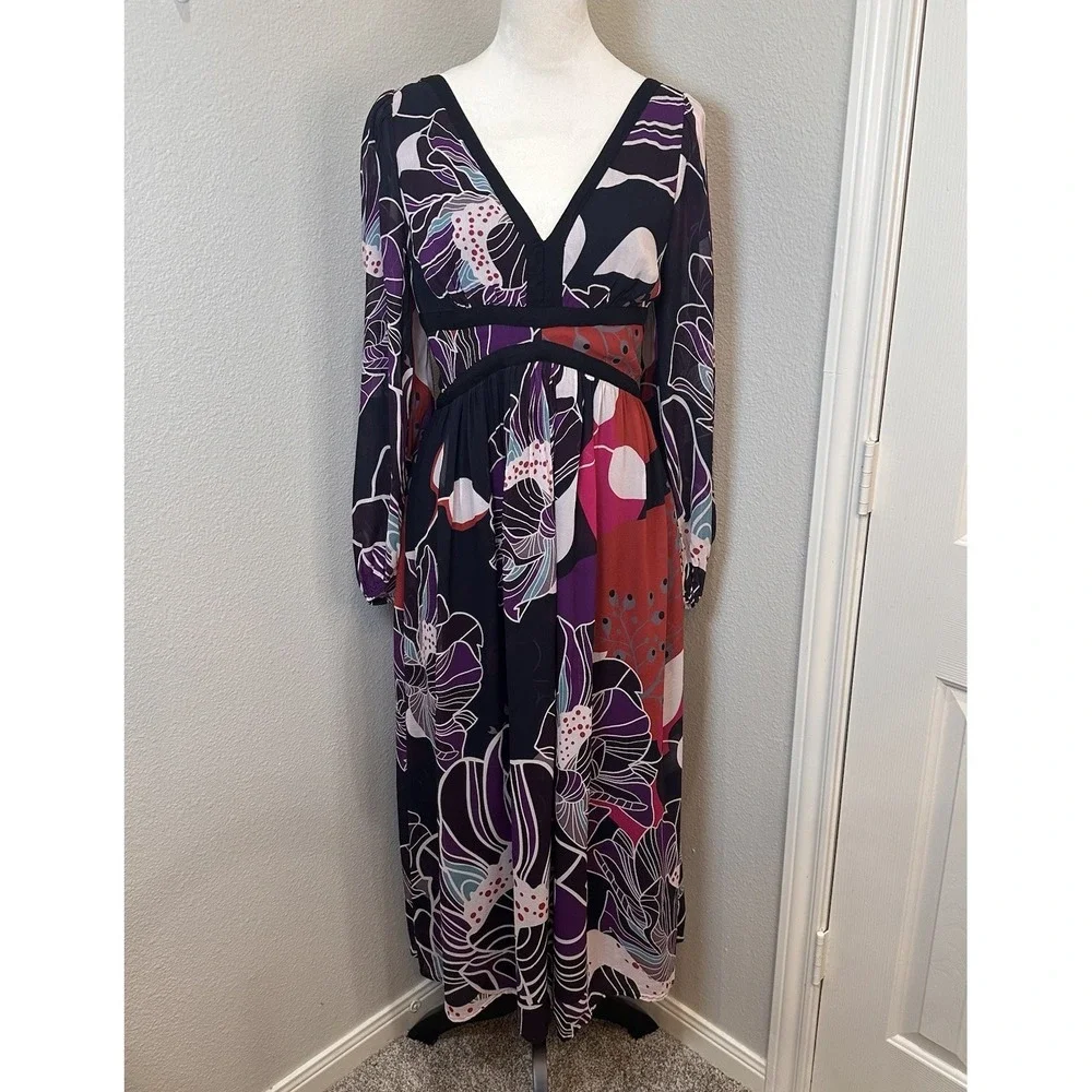 Anthropologie LET ME BE Floral Midi‎ Dress M Flowy Black Purple Party Wedding - Picture 2 of 15